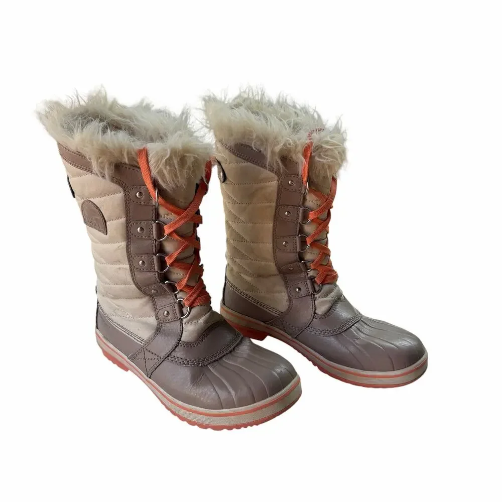 Sorel Tofino II Quilted Waterproof Winter Snow Boots Size 7 Beige Brown Faux Fur